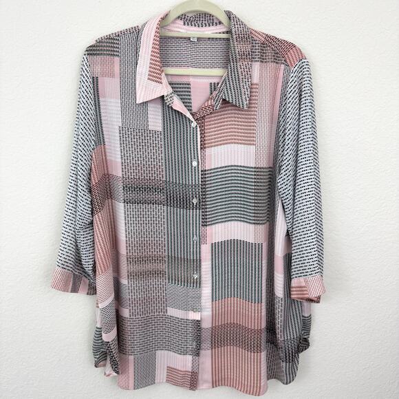 Rose + Olive Womens Button Front Shirt Top Size 2X Chiffon Geo Plaid Flowy Pink - Picture 1 of 7